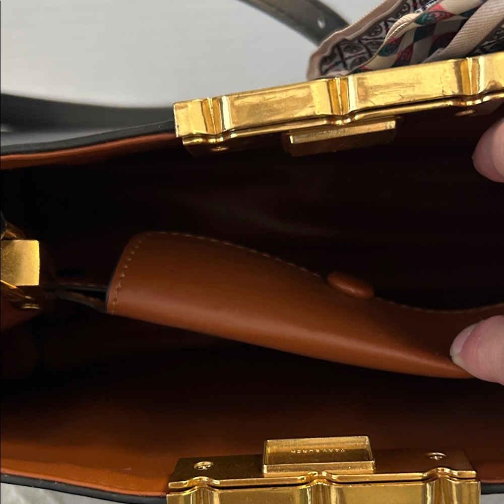 Tory Burch $700 Black Eleanor Spazoletto Satchel with Gold Logo and Ribbon - Picture 9 of 12